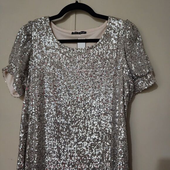 Cable & Gauge Gold Sequin Short Sleeve Puff Dress Size M - Picture 2 of 11